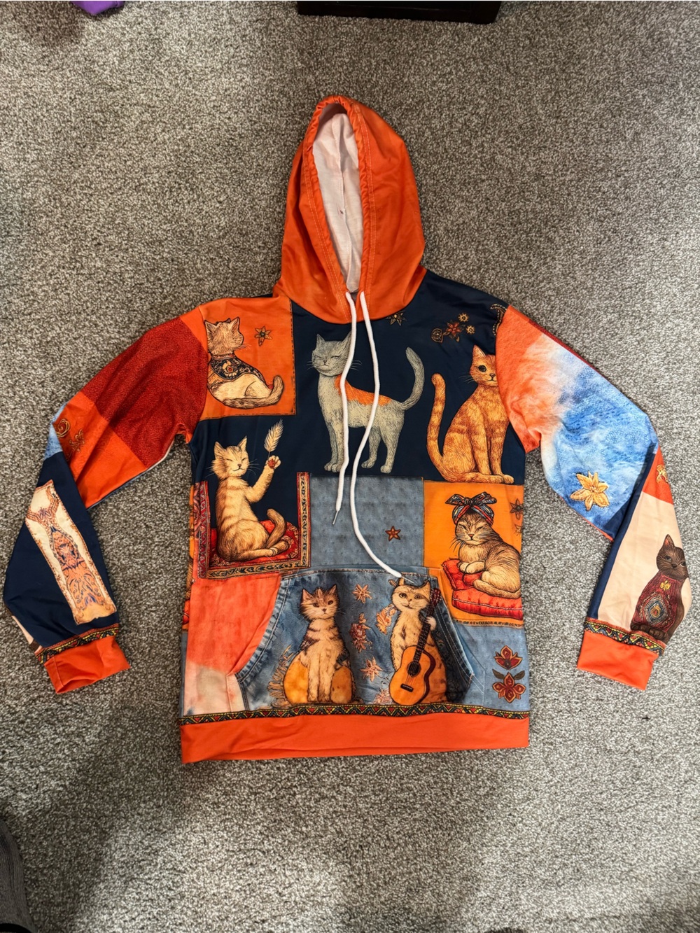 Adorable Cat Patchwork Orange Hoodie - Unbranded